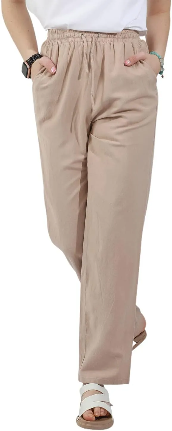 utcoco Womens Linen Pants Casual Straight Fit Elastic Waisted Drawsting Trousers with Pockets