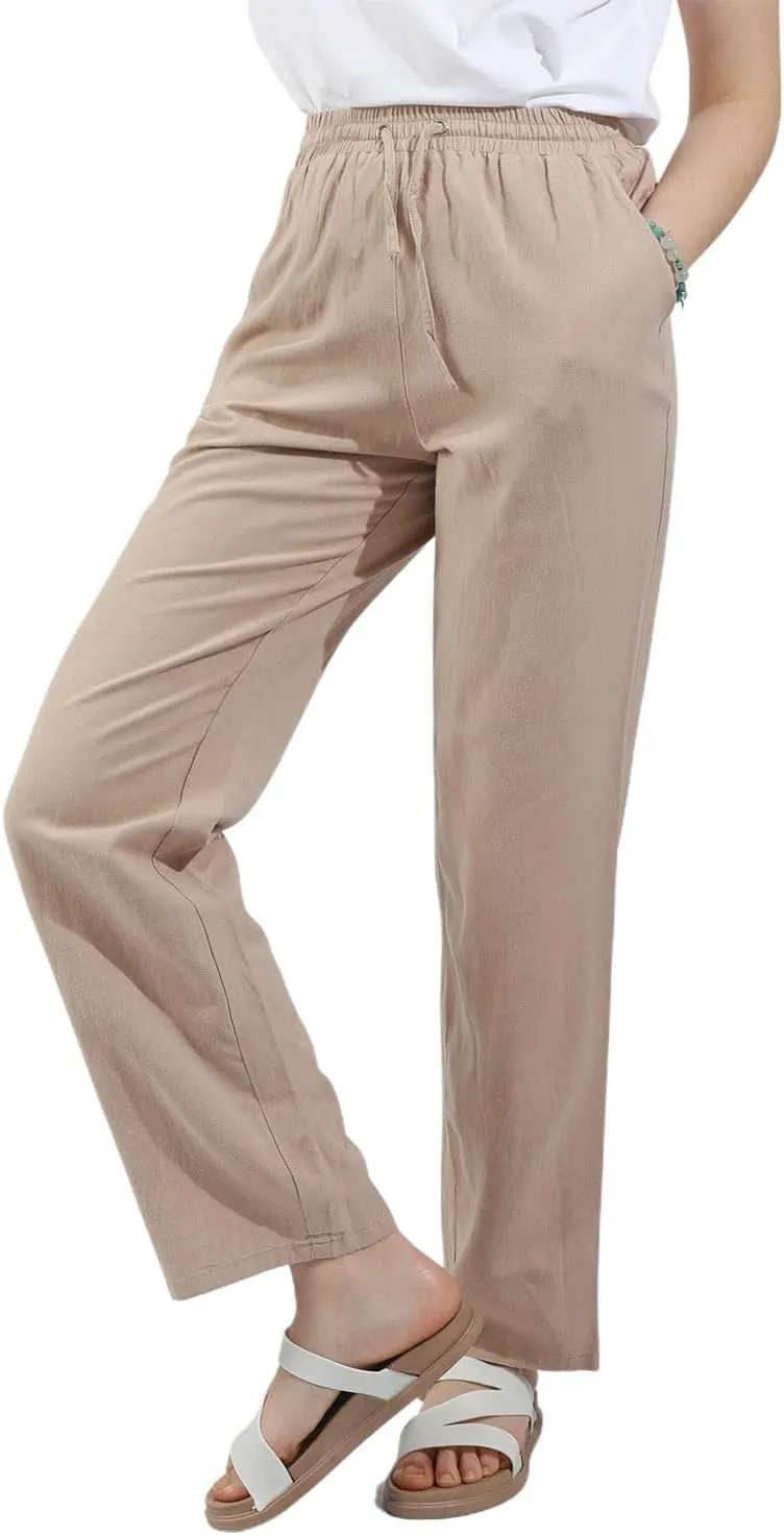 utcoco Womens Linen Pants Casual Straight Fit Elastic Waisted Drawsting Trousers with Pockets