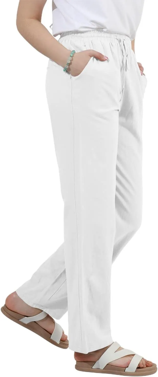 utcoco Womens Linen Pants Casual Straight Fit Elastic Waisted Drawsting Trousers with Pockets