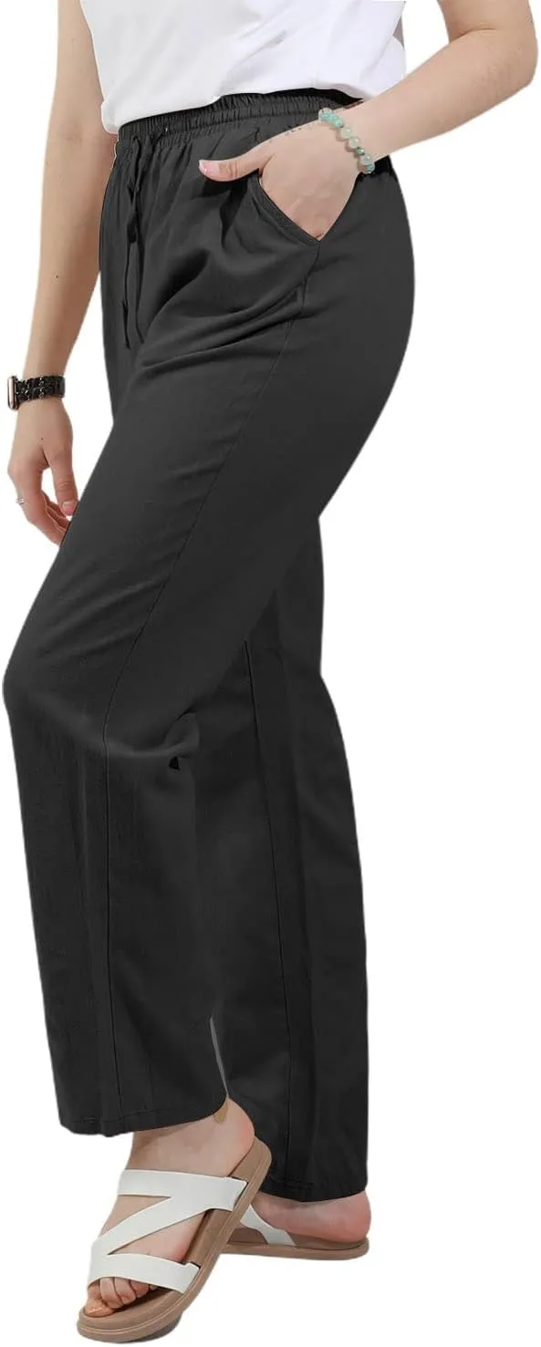 utcoco Womens Linen Pants Casual Straight Fit Elastic Waisted Drawsting Trousers with Pockets