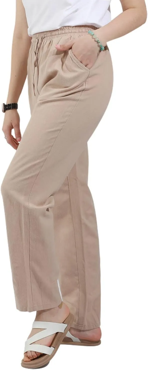 utcoco Womens Linen Pants Casual Straight Fit Elastic Waisted Drawsting Trousers with Pockets