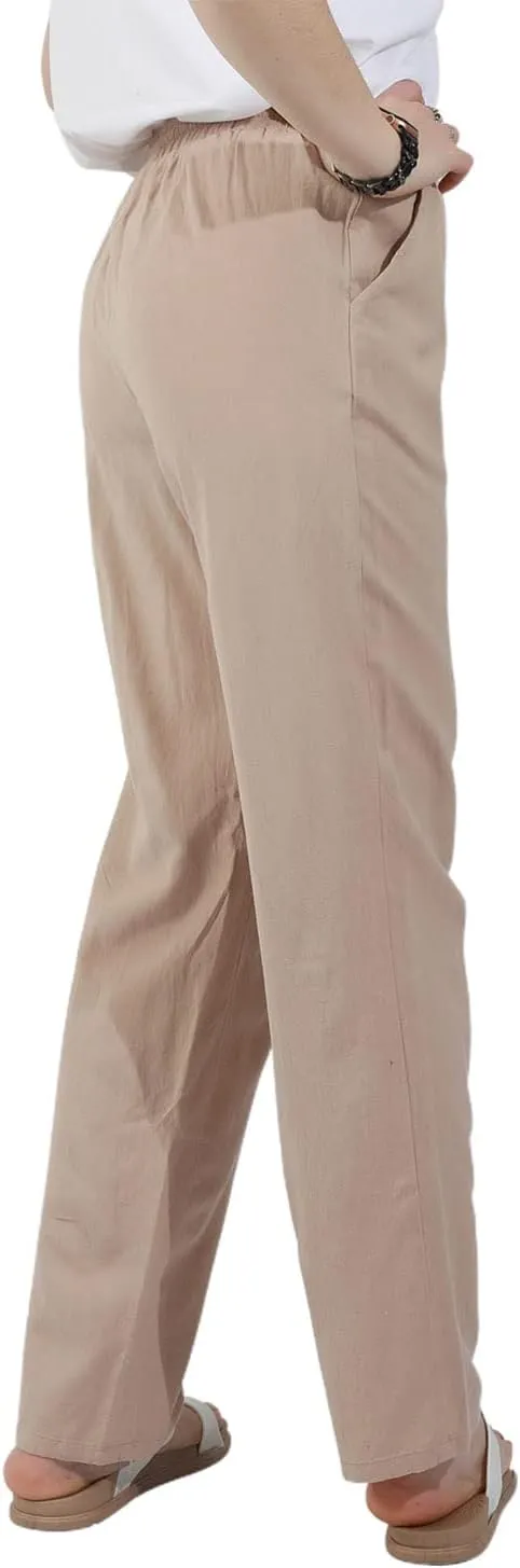 utcoco Womens Linen Pants Casual Straight Fit Elastic Waisted Drawsting Trousers with Pockets