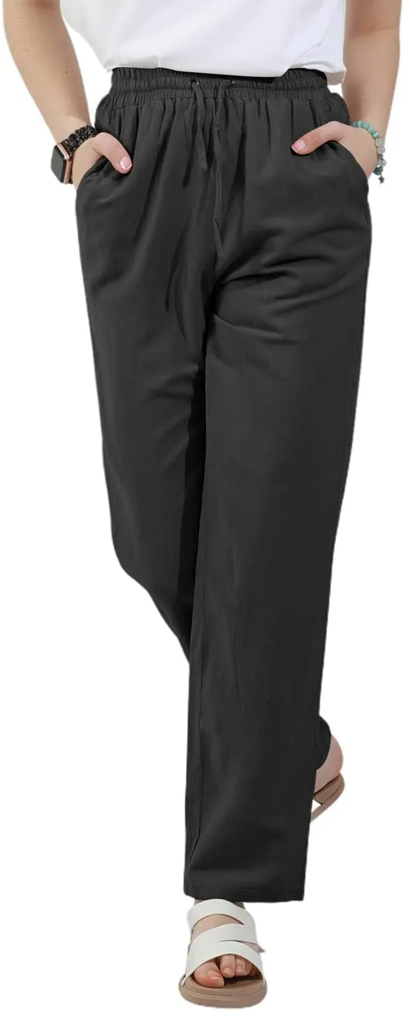 utcoco Womens Linen Pants Casual Straight Fit Elastic Waisted Drawsting Trousers with Pockets