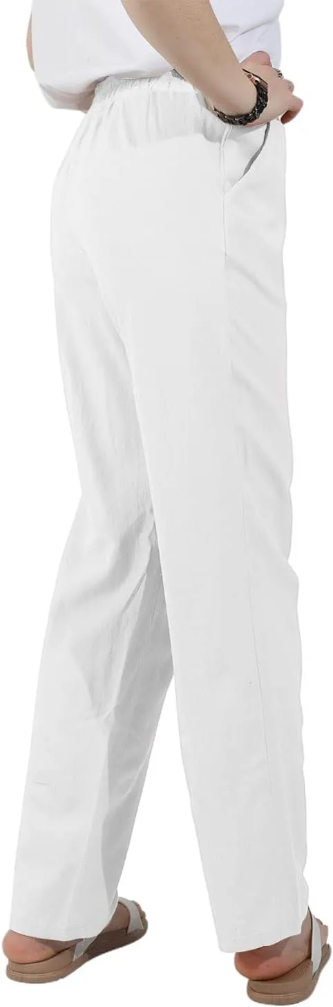 utcoco Womens Linen Pants Casual Straight Fit Elastic Waisted Drawsting Trousers with Pockets