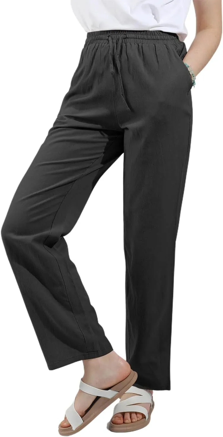 utcoco Womens Linen Pants Casual Straight Fit Elastic Waisted Drawsting Trousers with Pockets