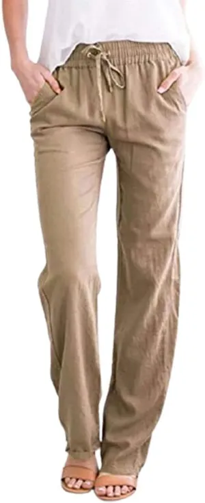 utcoco Womens Linen Pants Casual Straight Fit Elastic Waisted Drawsting Trousers with Pockets