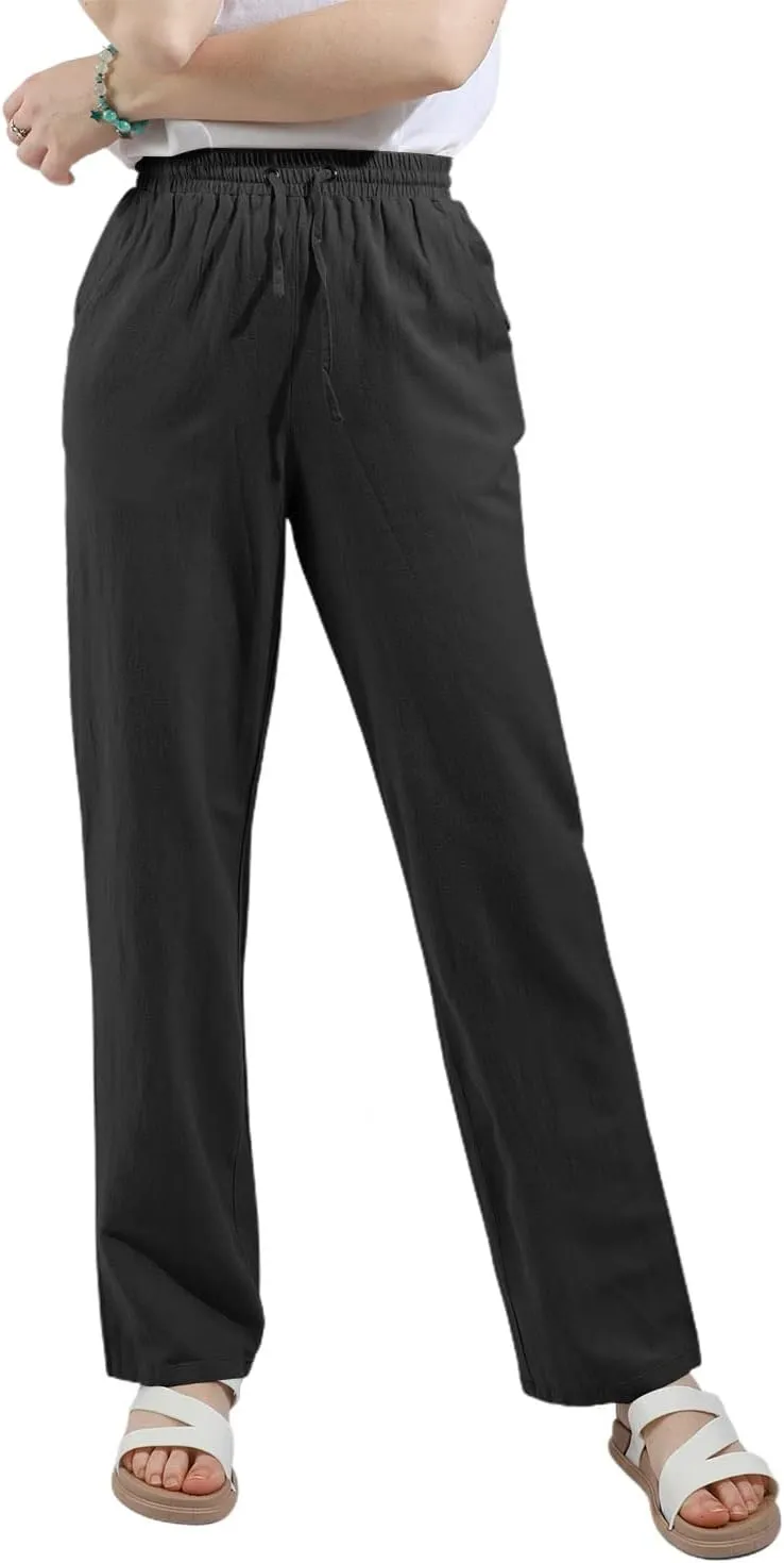 utcoco Womens Linen Pants Casual Straight Fit Elastic Waisted Drawsting Trousers with Pockets