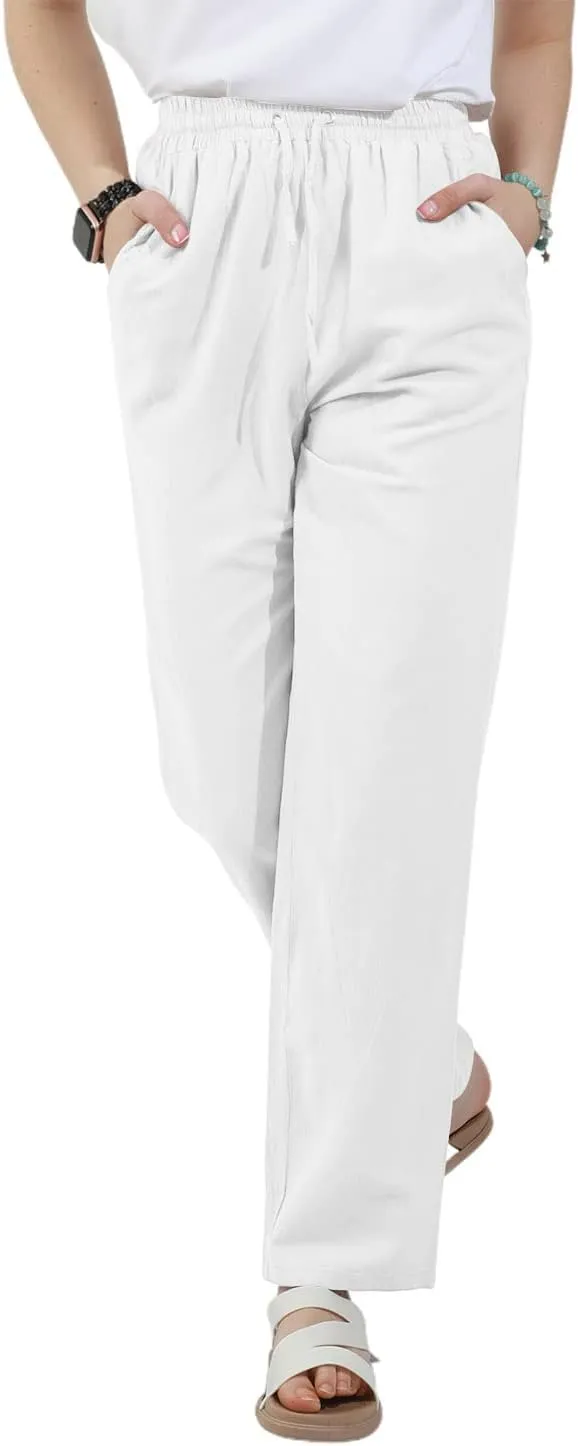 utcoco Womens Linen Pants Casual Straight Fit Elastic Waisted Drawsting Trousers with Pockets