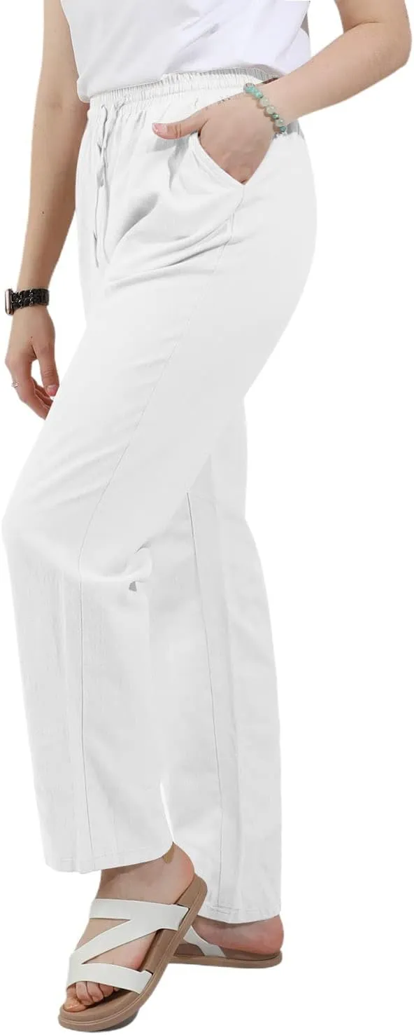 utcoco Womens Linen Pants Casual Straight Fit Elastic Waisted Drawsting Trousers with Pockets