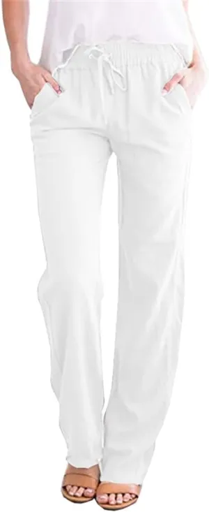 utcoco Womens Linen Pants Casual Straight Fit Elastic Waisted Drawsting Trousers with Pockets
