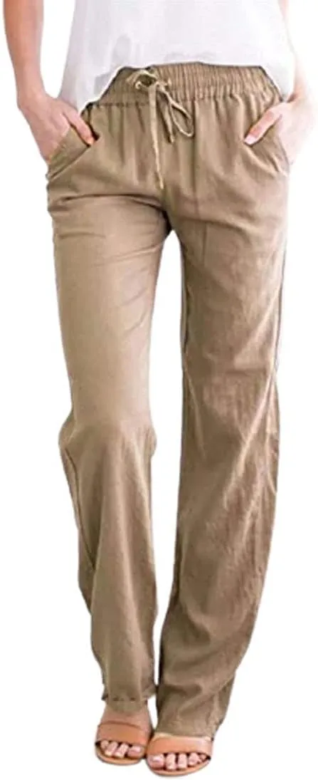 utcoco Womens Linen Pants Casual Straight Fit Elastic Waisted Drawsting Trousers with Pockets