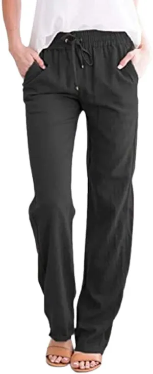 utcoco Womens Linen Pants Casual Straight Fit Elastic Waisted Drawsting Trousers with Pockets