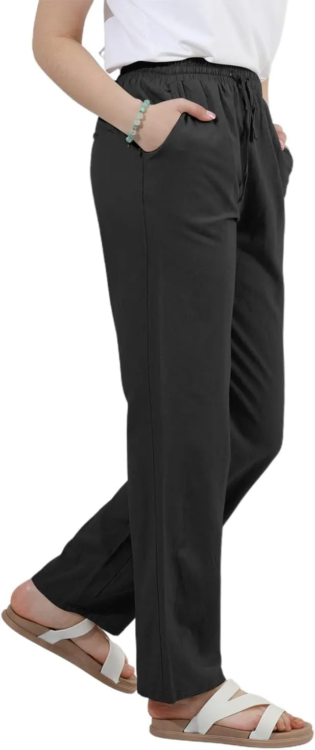 utcoco Womens Linen Pants Casual Straight Fit Elastic Waisted Drawsting Trousers with Pockets