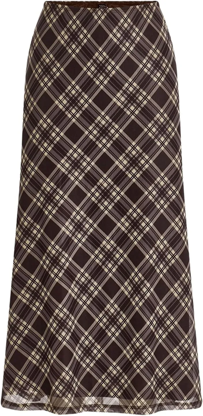 Verdusa Women's Plus Size Plaid Skirt High Rise A Line Mesh Long Skirt
