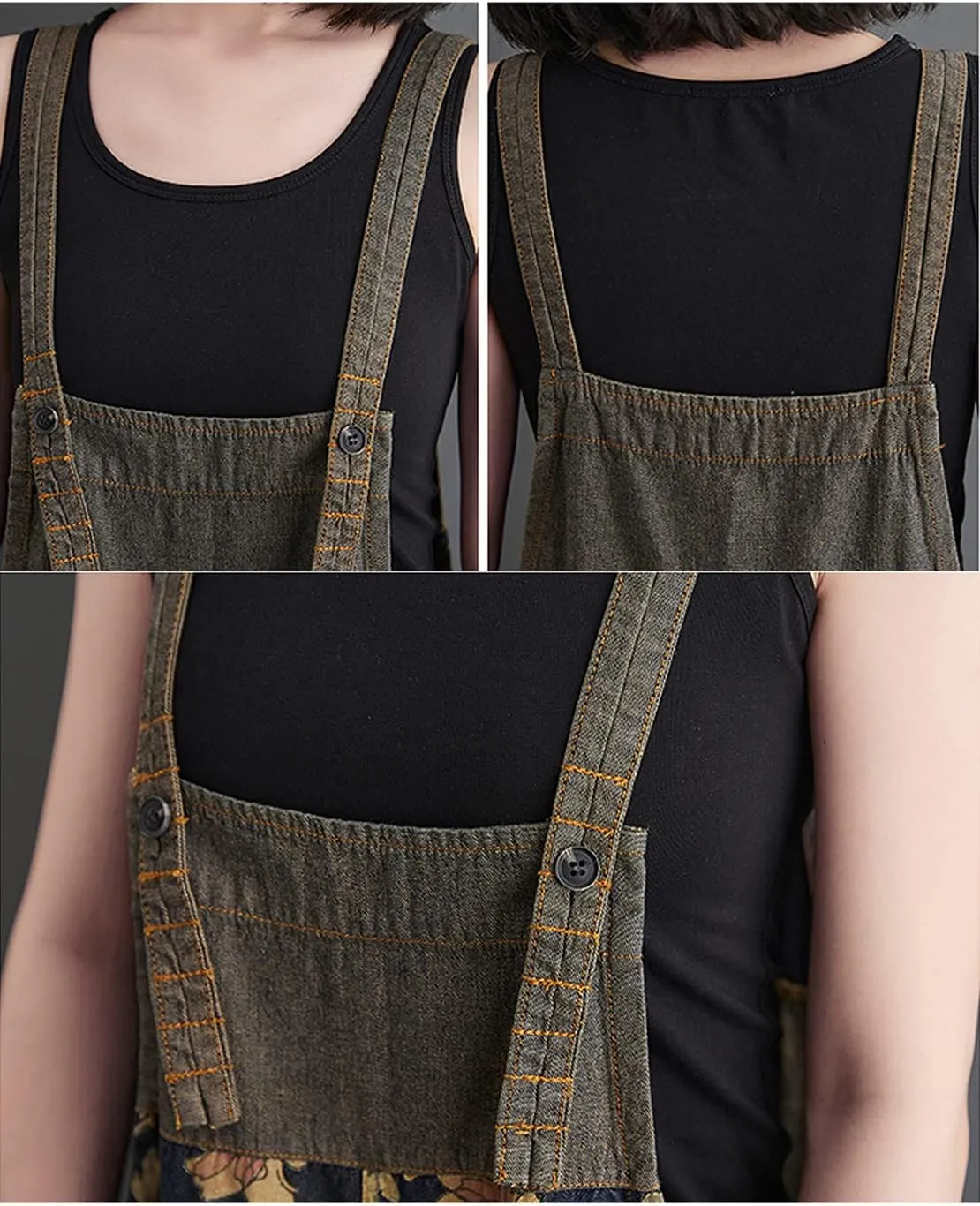 VIEWON Women's Loose Adjustable Straps Print Baggy Denim Overalls Casual Bib Jeans Wide Leg Jumpsuit Rompers Pants