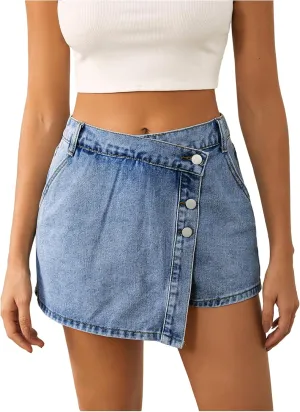 WDIRARA Women's High Waisted Button Front Denim Skort Asymmetrical Hem Skirt Shorts