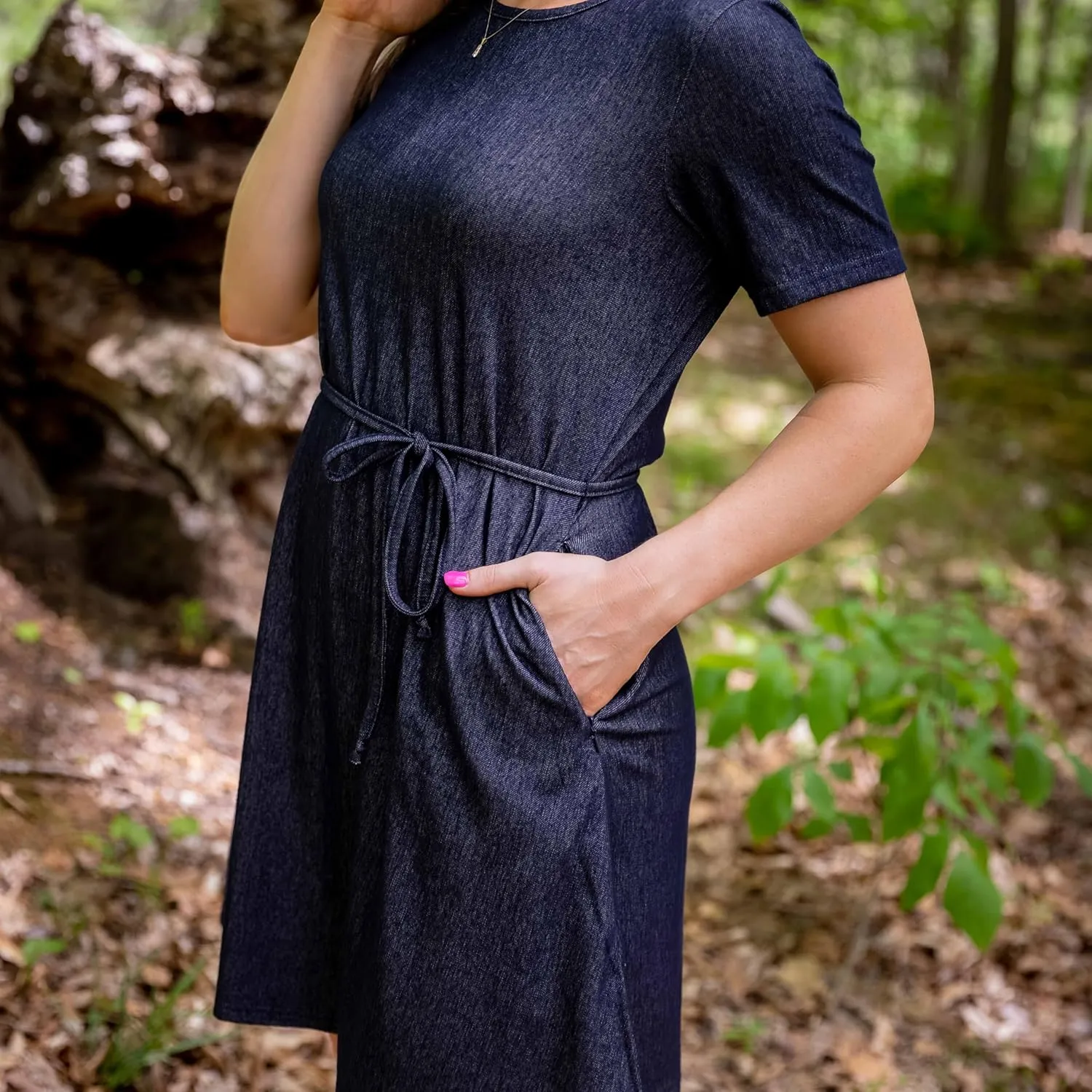 WEATHER CLUB 2-Pack Short Sleeved Casual Tie Waist Knit Denim Plus Size T-Shirt Dress with Leather Belt and Pockets