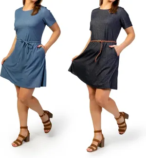 WEATHER CLUB 2-Pack Short Sleeved Casual Tie Waist Knit Denim Plus Size T-Shirt Dress with Leather Belt and Pockets