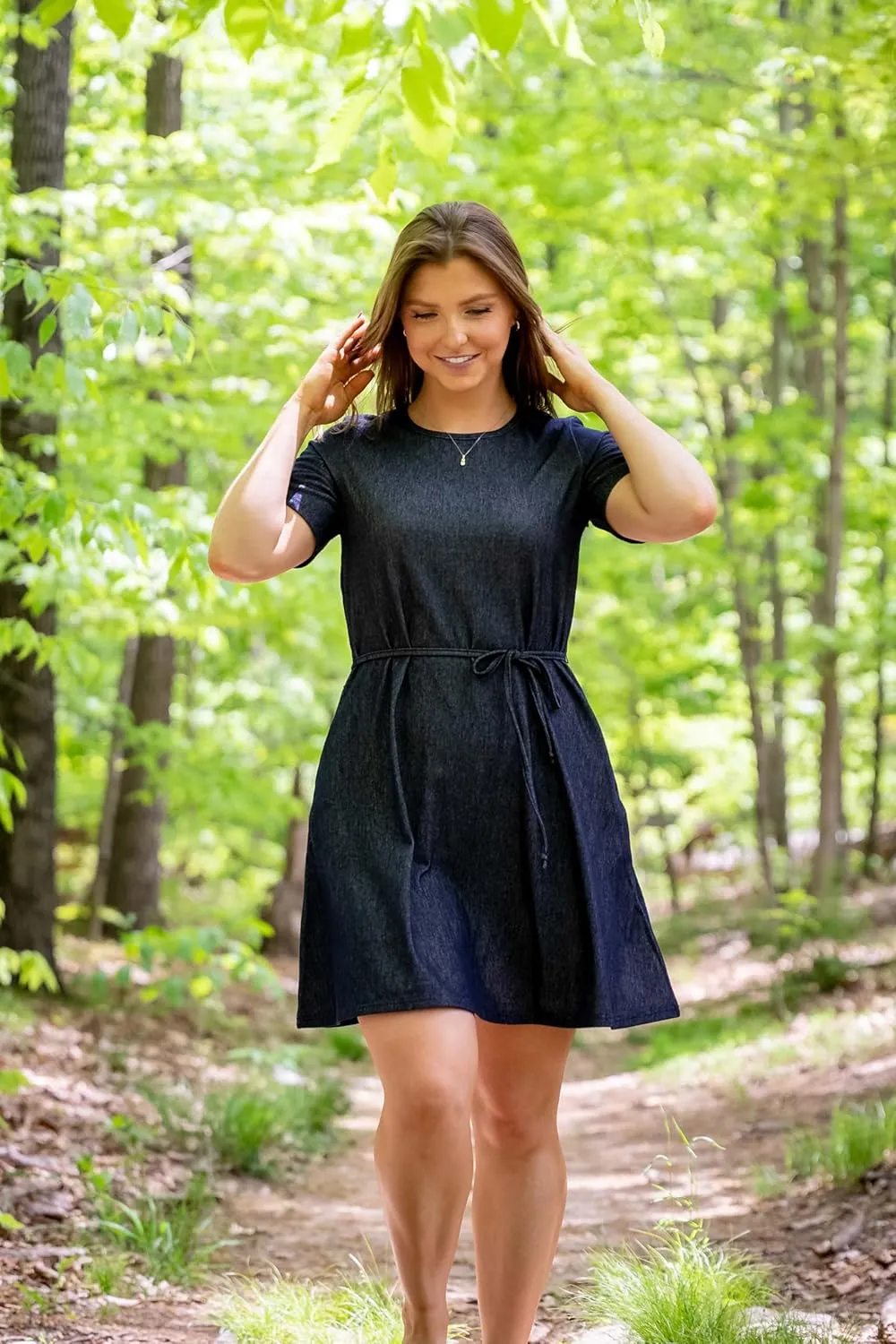 WEATHER CLUB 2-Pack Short Sleeved Casual Tie Waist Knit Denim Plus Size T-Shirt Dress with Leather Belt and Pockets