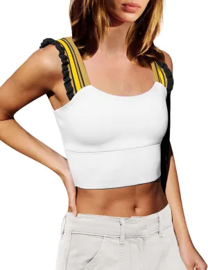 Wenlia Women's Cropped Tank Tops Sleeveless Stretchy Camisole Ruffle Wide Strap Cut Out Workout Gym Athletic Camis Shirt