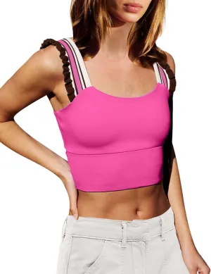 Wenlia Women's Cropped Tank Tops Sleeveless Stretchy Camisole Ruffle Wide Strap Cut Out Workout Gym Athletic Camis Shirt