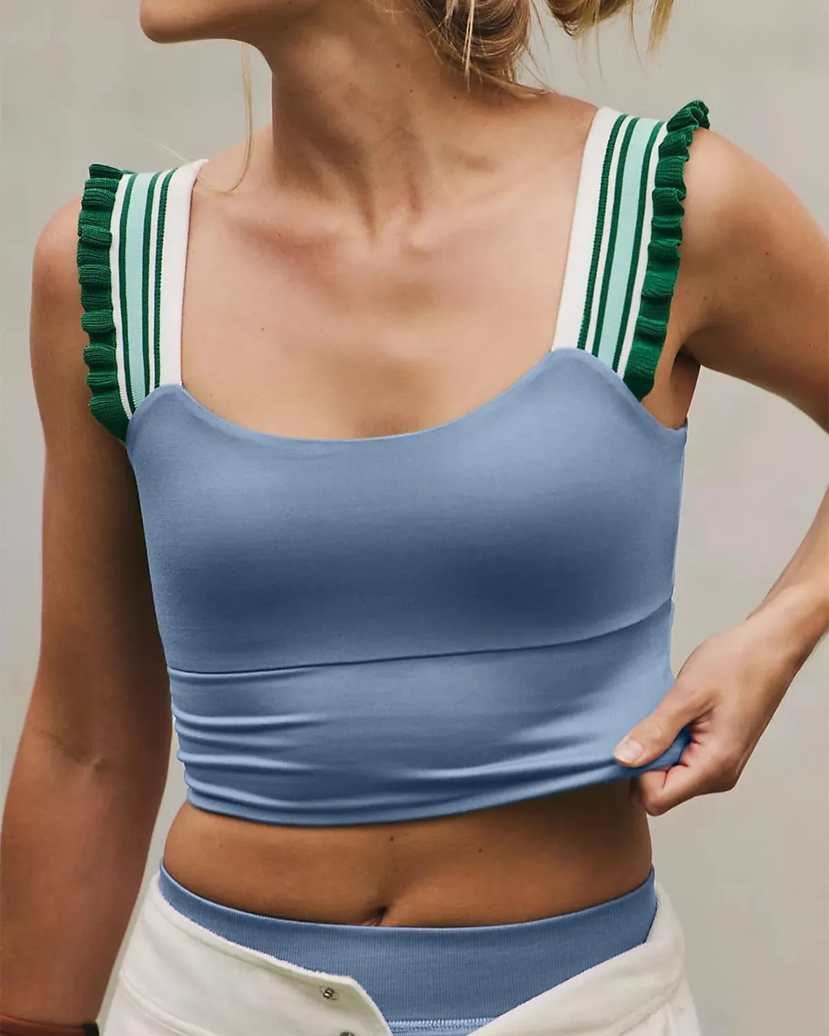 Wenlia Women's Cropped Tank Tops Sleeveless Stretchy Camisole Ruffle Wide Strap Cut Out Workout Gym Athletic Camis Shirt