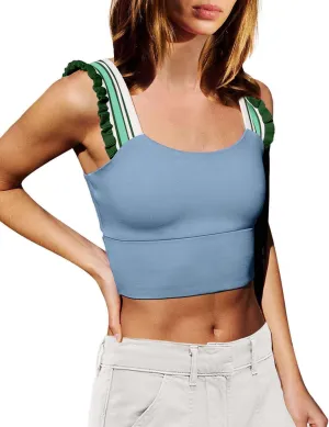 Wenlia Women's Cropped Tank Tops Sleeveless Stretchy Camisole Ruffle Wide Strap Cut Out Workout Gym Athletic Camis Shirt