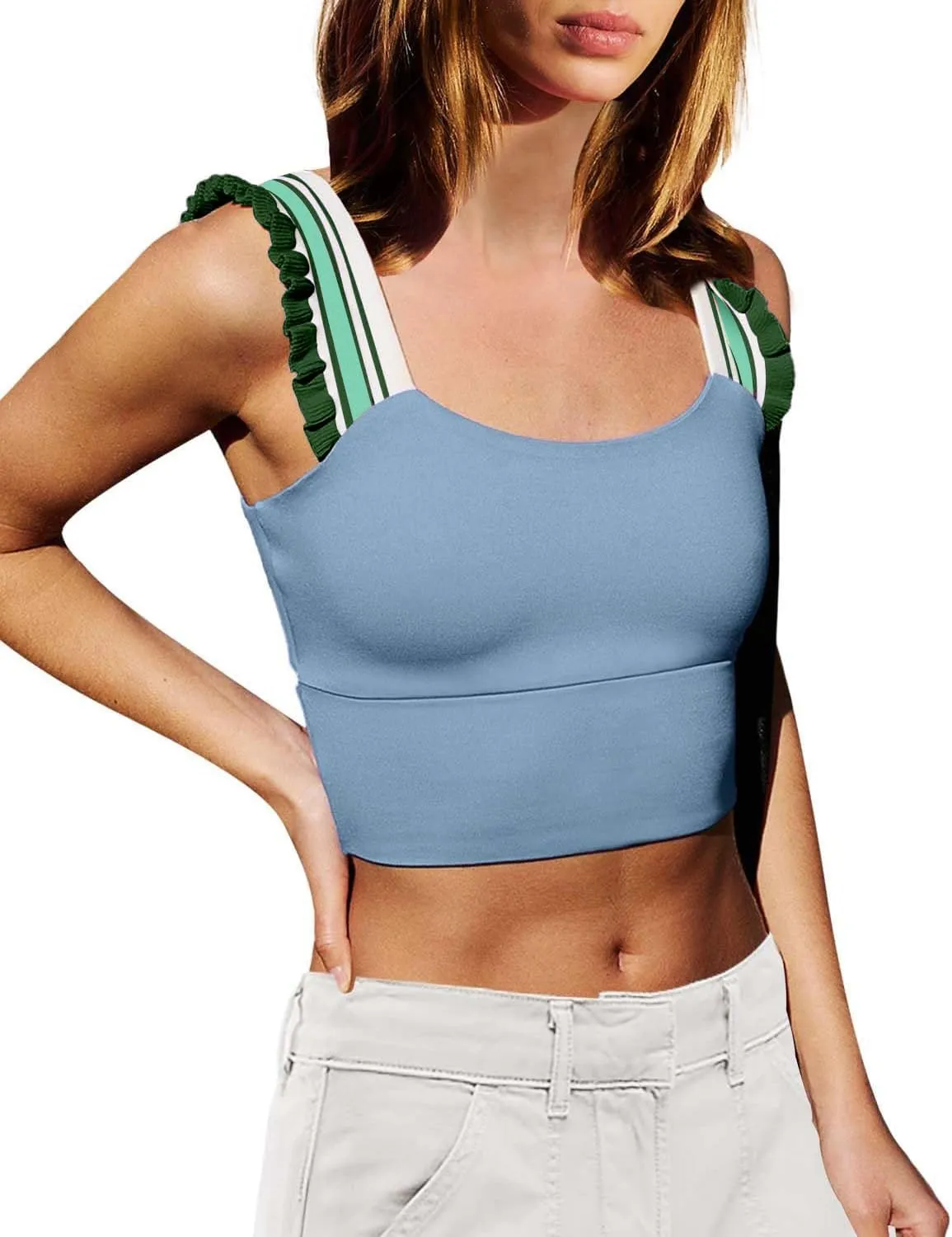 Wenlia Women's Cropped Tank Tops Sleeveless Stretchy Camisole Ruffle Wide Strap Cut Out Workout Gym Athletic Camis Shirt