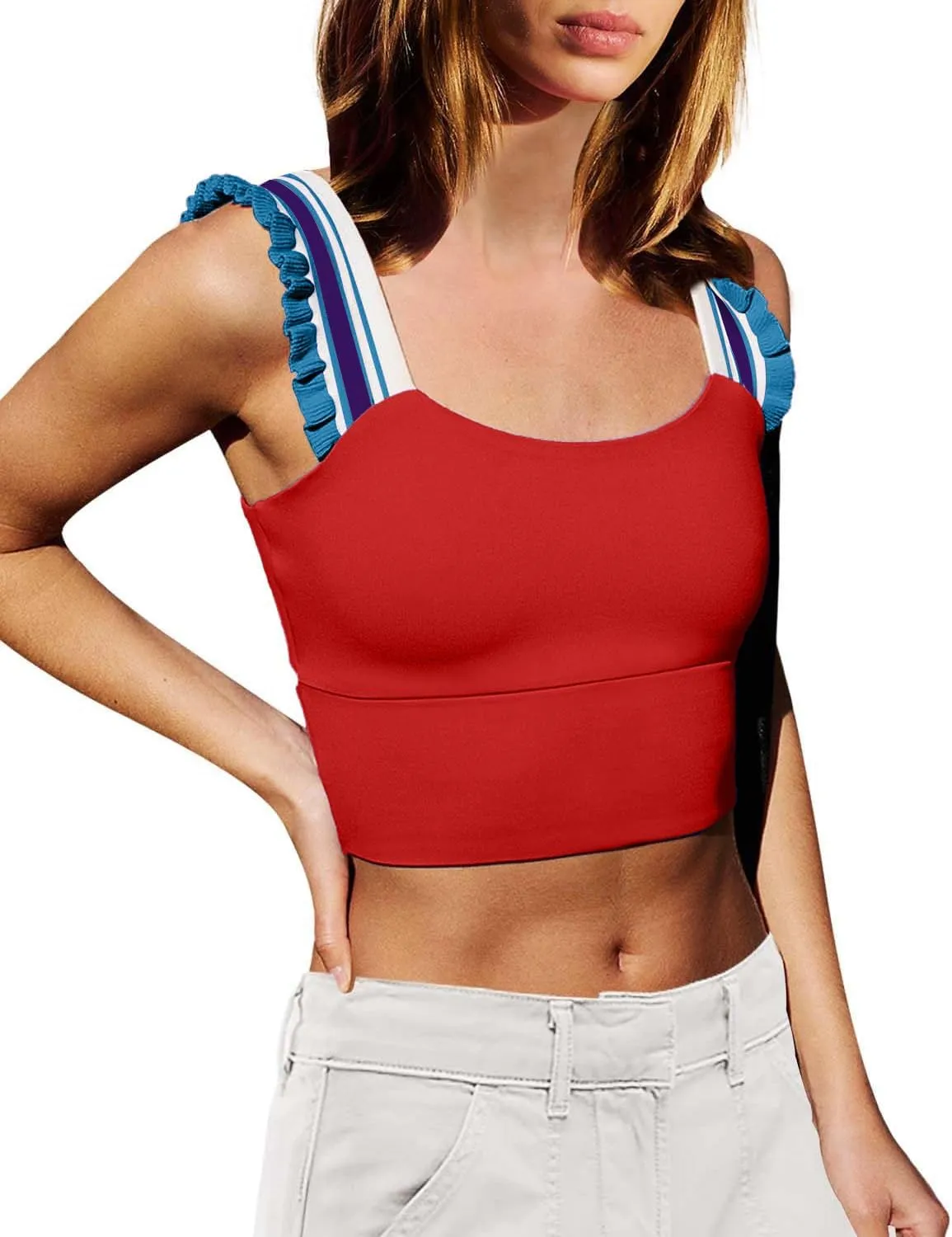 Wenlia Women's Cropped Tank Tops Sleeveless Stretchy Camisole Ruffle Wide Strap Cut Out Workout Gym Athletic Camis Shirt