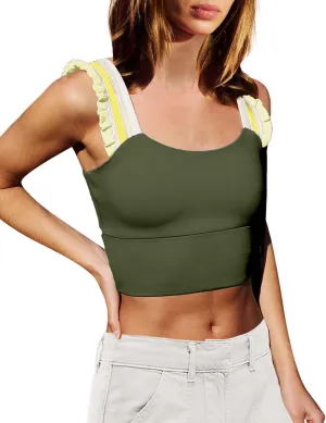 Wenlia Women's Cropped Tank Tops Sleeveless Stretchy Camisole Ruffle Wide Strap Cut Out Workout Gym Athletic Camis Shirt