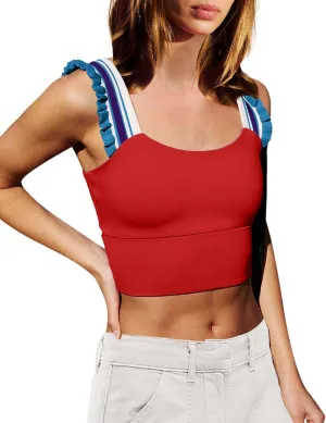 Wenlia Women's Cropped Tank Tops Sleeveless Stretchy Camisole Ruffle Wide Strap Cut Out Workout Gym Athletic Camis Shirt