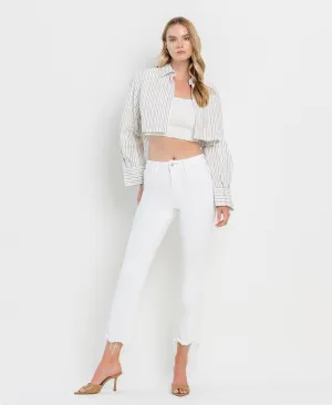 White High Rise Uneven Raw Hem Crop Flare Jeans