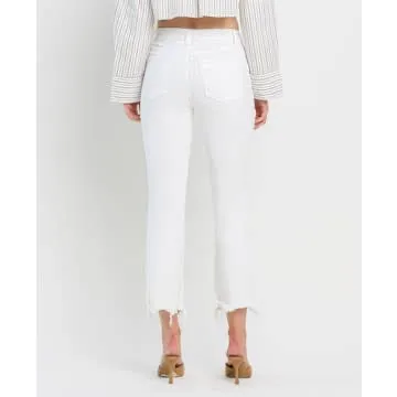 White High Rise Uneven Raw Hem Crop Flare Jeans