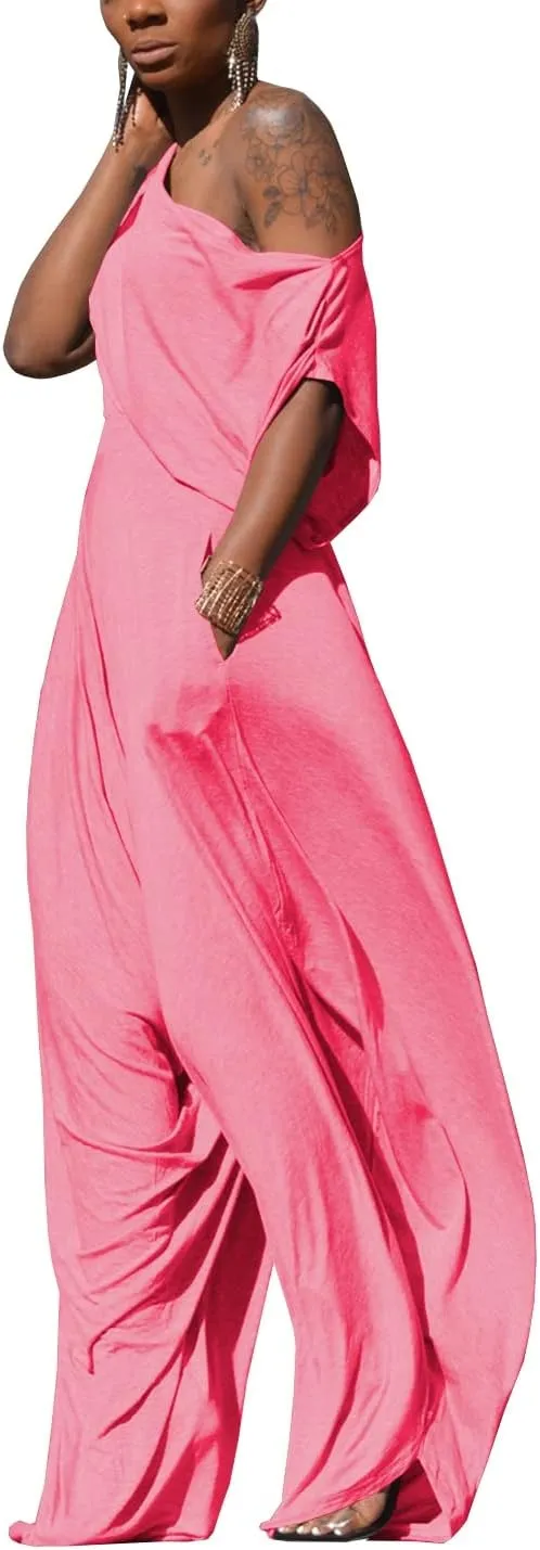 WOKANSE Womens 2 Piece Outfits Solid Short Sleeve Off One Shoulder Pullover Top and Loose Harem Pants Set Tracksuits