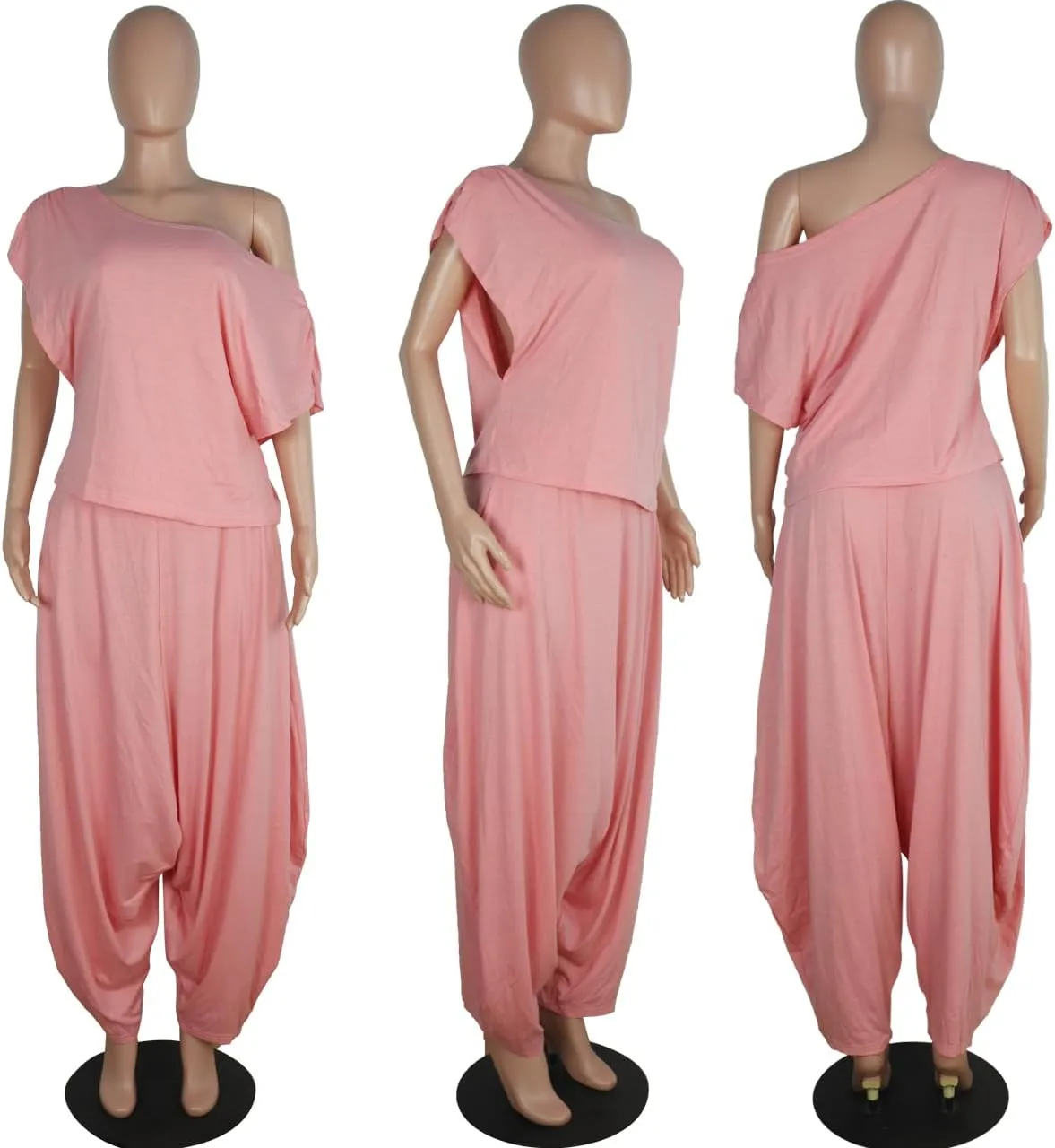 WOKANSE Womens 2 Piece Outfits Solid Short Sleeve Off One Shoulder Pullover Top and Loose Harem Pants Set Tracksuits