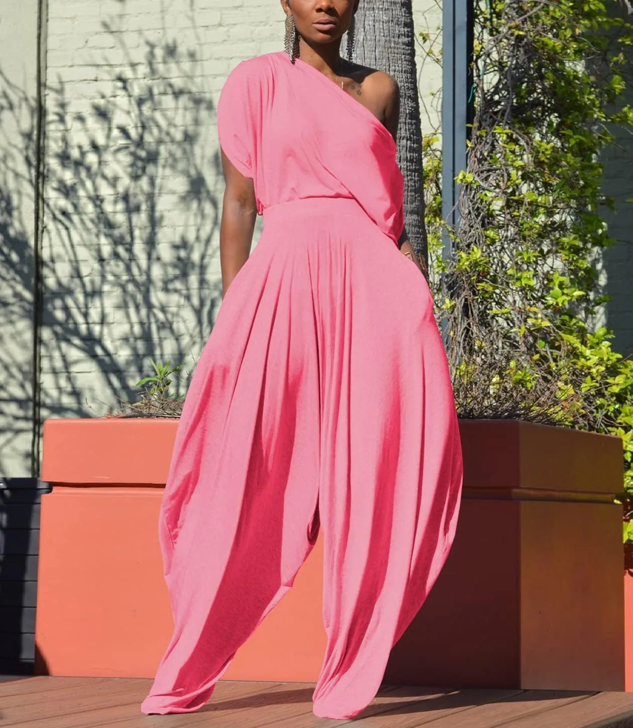 WOKANSE Womens 2 Piece Outfits Solid Short Sleeve Off One Shoulder Pullover Top and Loose Harem Pants Set Tracksuits