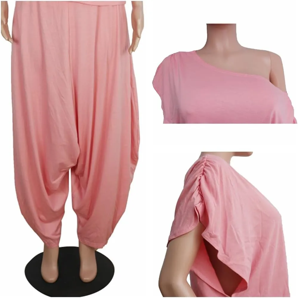 WOKANSE Womens 2 Piece Outfits Solid Short Sleeve Off One Shoulder Pullover Top and Loose Harem Pants Set Tracksuits