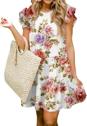 Women Babydoll Summer Casual Crew Neck Ruffle Sleeve Sleeveless Flowy Mini Short Tunic Dress Floral Print Pleated Dress1-Pink,X-Large