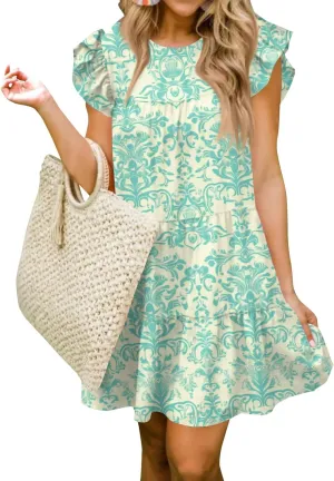 Women Babydoll Summer Casual Crew Neck Ruffle Sleeve Sleeveless Flowy Mini Short Tunic Dress Floral Print Pleated Dress3-Cyan,Small