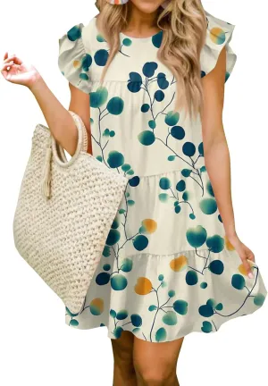 Women Babydoll Summer Casual Crew Neck Ruffle Sleeve Sleeveless Flowy Mini Short Tunic Dress Floral Print Pleated Dress3-Light Blue,Medium