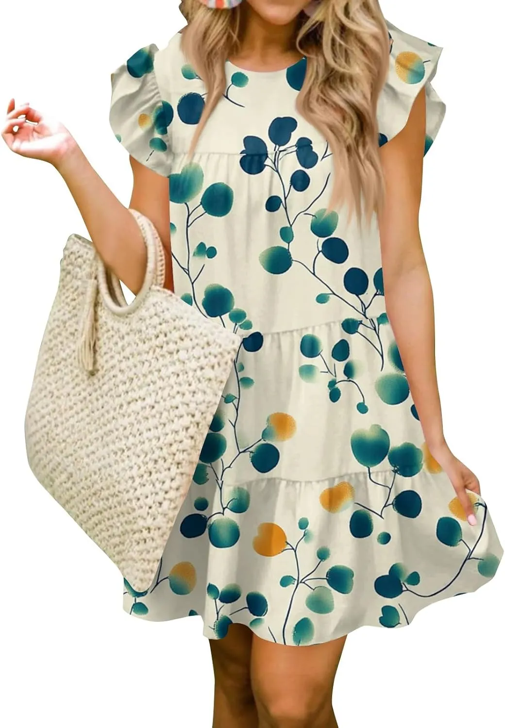 Women Babydoll Summer Casual Crew Neck Ruffle Sleeve Sleeveless Flowy Mini Short Tunic Dress Floral Print Pleated Dress3-Light Blue,Medium