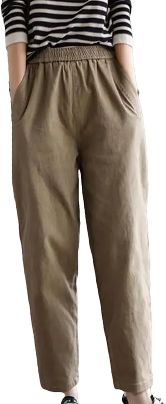 Women Cotton Casual Pants Simple Vintage Solid High Waist Pants Elastic Waist Harem Pants
