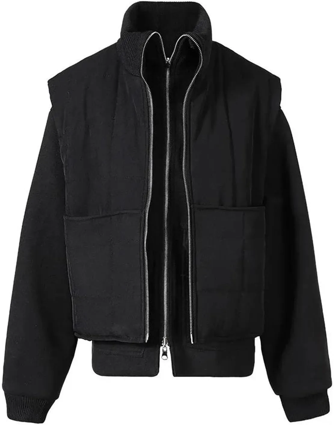 Women Fake Two Pieces Cotton-Padded Jacket Coat Long Sleeve Loose Vintage Big Pockets Outwear