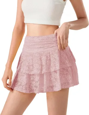 Women Floral Lace Mini Skirt with Shorts Underneath Flowy Skort High Waist Tiered Ruffle Skirts Casual Tennis Clubwear