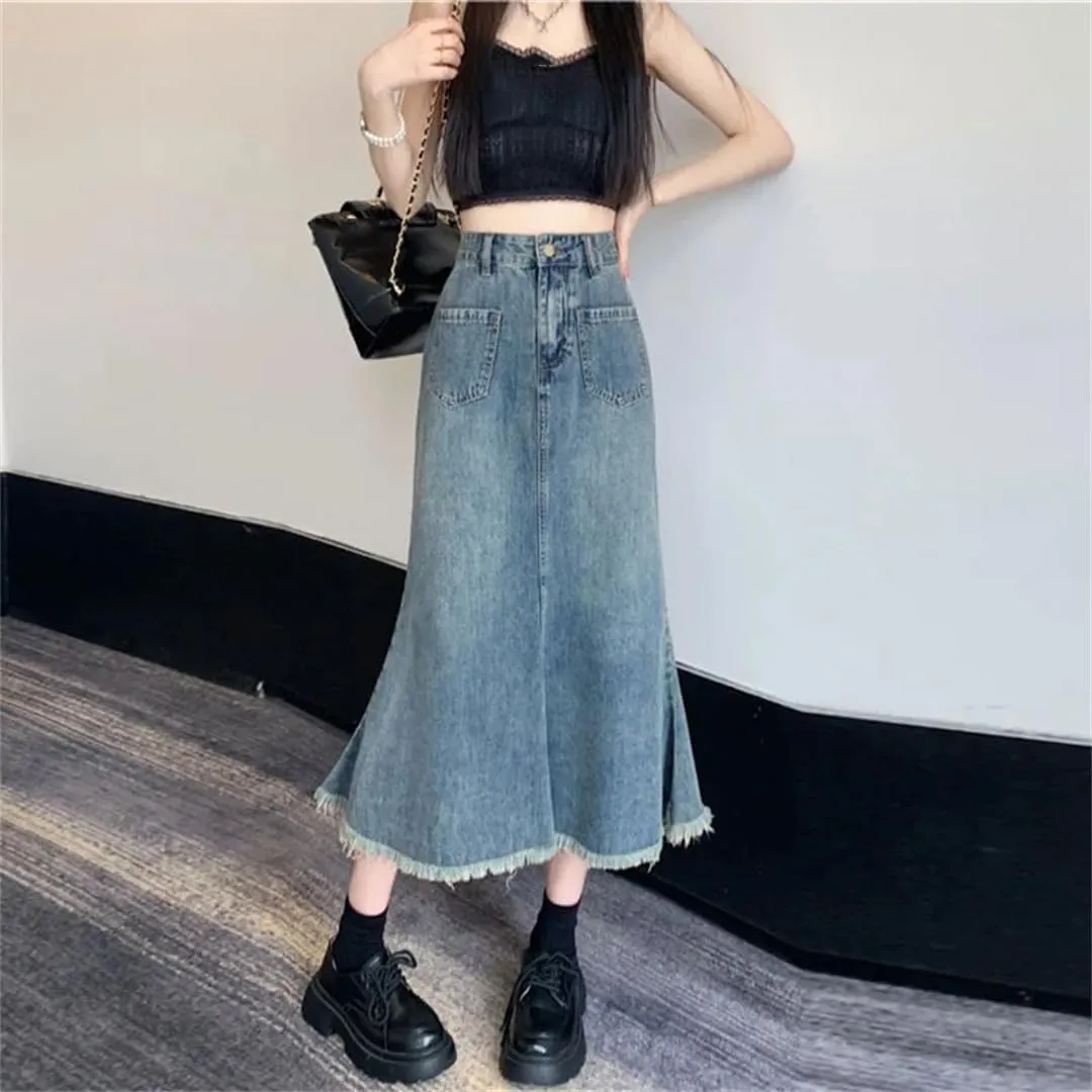Women High Waisted Fringed Fishtail Denim Skirt for Loose Casual A-Line Slim Buttocks Wrapped Mid Length Jean Skirts