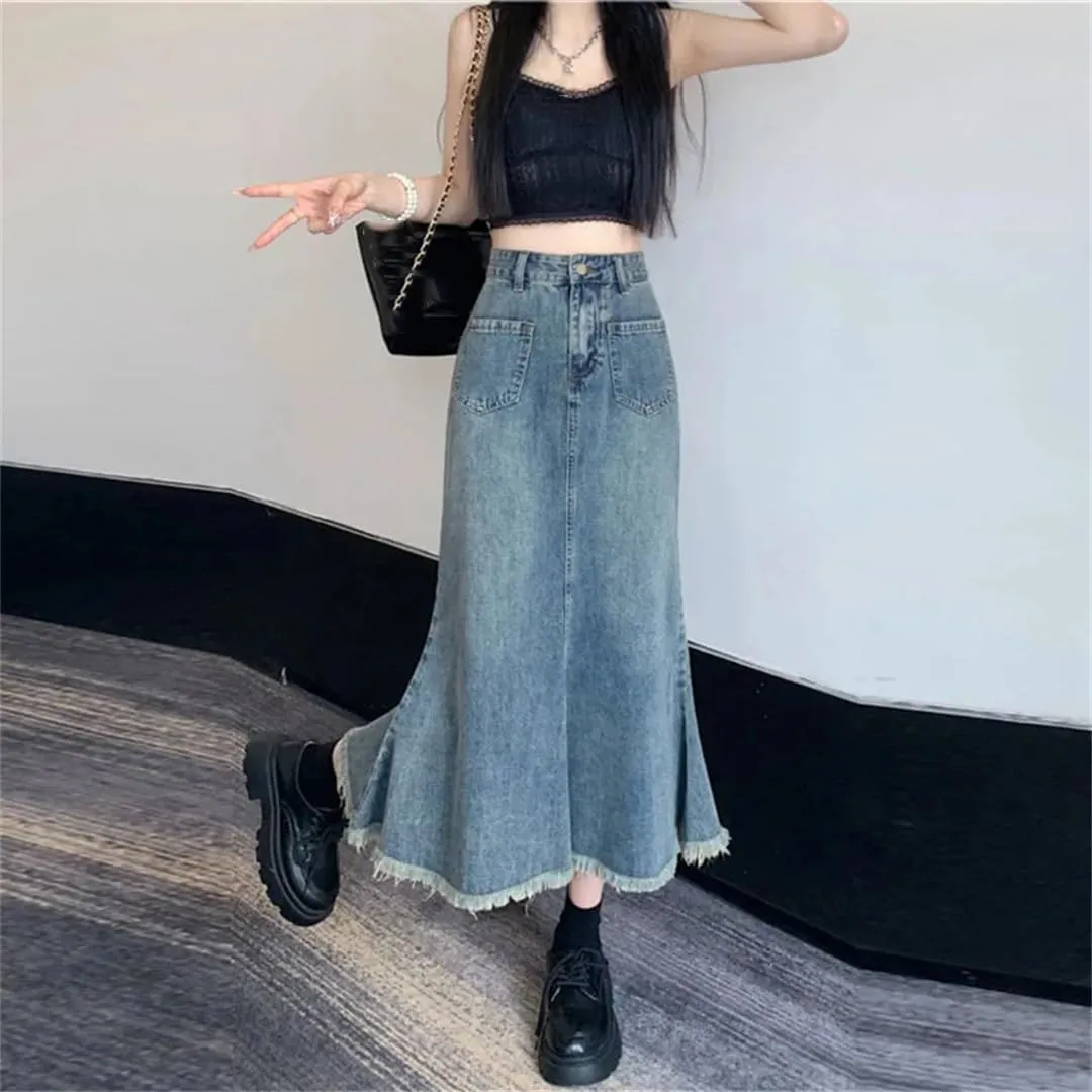 Women High Waisted Fringed Fishtail Denim Skirt for Loose Casual A-Line Slim Buttocks Wrapped Mid Length Jean Skirts