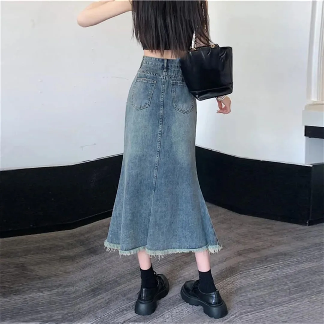 Women High Waisted Fringed Fishtail Denim Skirt for Loose Casual A-Line Slim Buttocks Wrapped Mid Length Jean Skirts