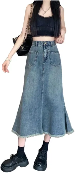 Women High Waisted Fringed Fishtail Denim Skirt for Loose Casual A-Line Slim Buttocks Wrapped Mid Length Jean Skirts