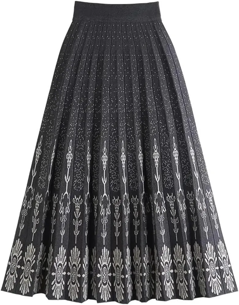 Women Knitted Mid-Length Skirt Autumn Winter Vintage Print A Line High Waist Pleated Midi Long Skirt