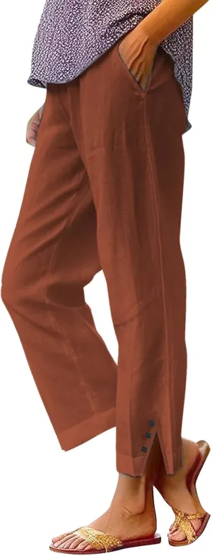 Women Linen Pants Solid Elastic Pants Long Drawstring Linen Women Waist Cotton Casual Slit Trouser Legs Slacks for